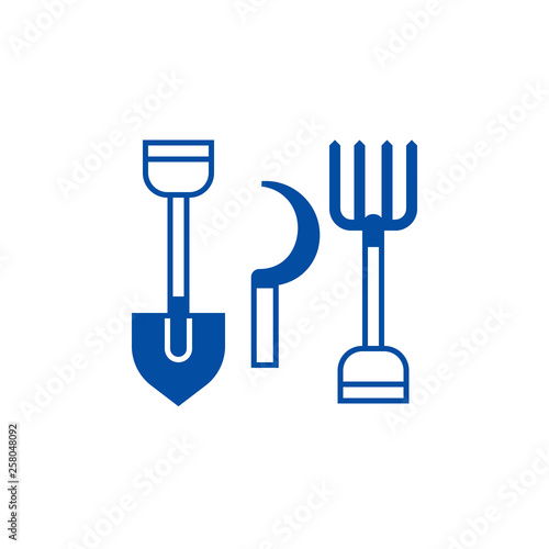 Rural tools,shovel, hayfork, reaping hook line concept icon. Rural tools,shovel, hayfork, reaping hook flat  vector website sign, outline symbol, illustration.