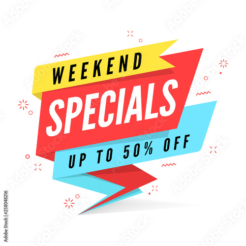 Weekend specials sale banner template in flat style.