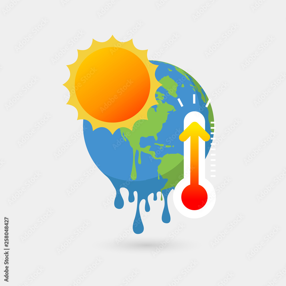 Earth melting with sun and thermometer, Global warming concept