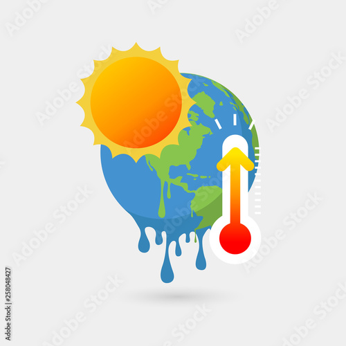 Earth melting with sun and thermometer, Global warming concept.