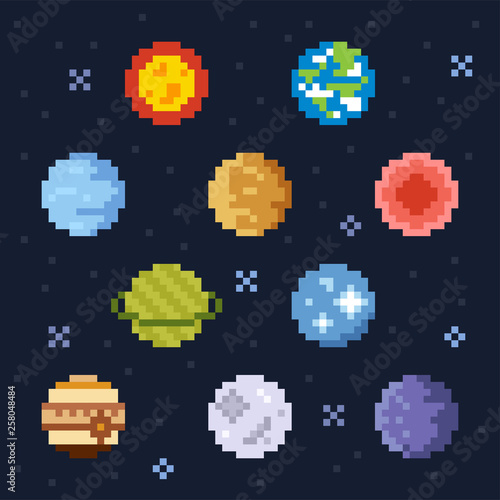 8-bit pixel-style solar system planets. flat design style minimal vector illustration