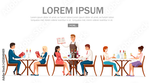 Man and woman on date in restaurant, waiter with menu. Table with red wine bottle, candelabra and italian pasta. Cartoon character design. Flat vector illustration on white background