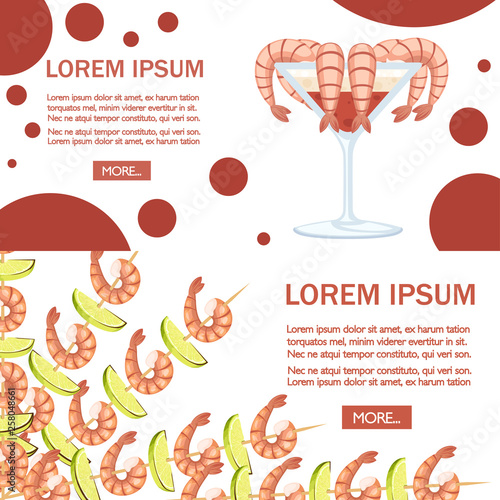 Fried shrimp in batter, boiled and kebab shrimp. Sauce for seafood. Tasty restaurant food. Flat vector illustration on white background. Concept for greetings card and advertising flyer
