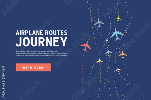 Colorful Airplane line path. Airplane routes of journey banner template.