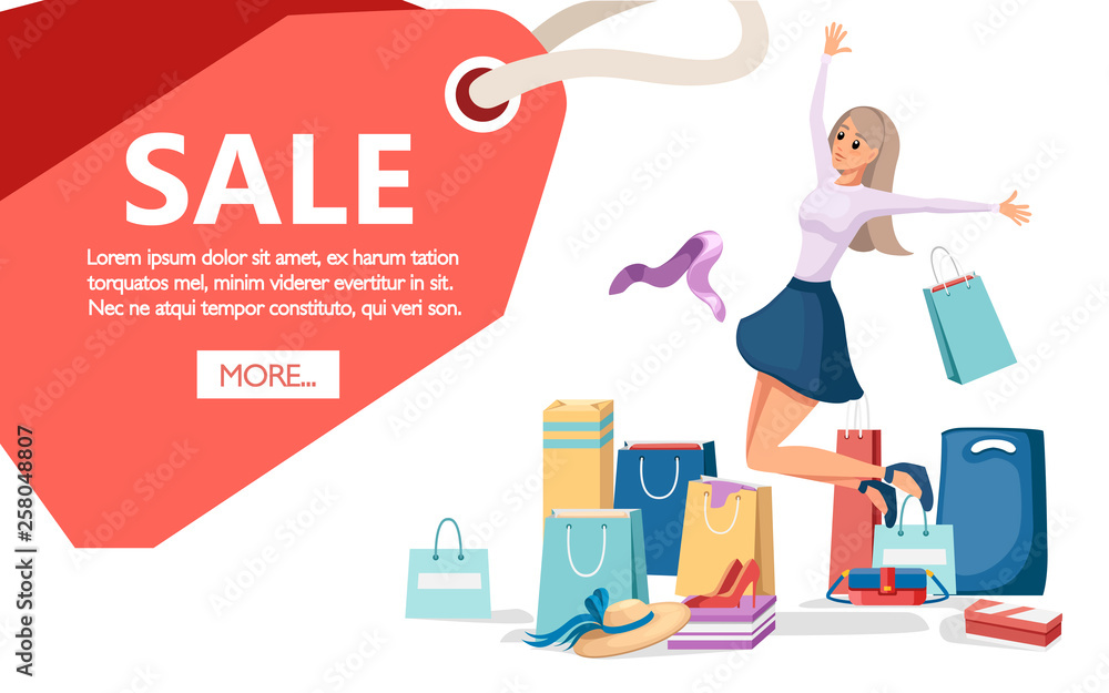 Colorful shopping paper bags. Full shopping bags, discount concept. Bags for clothes. Flat vector illustration isolated on white background. Red sale label with place for text