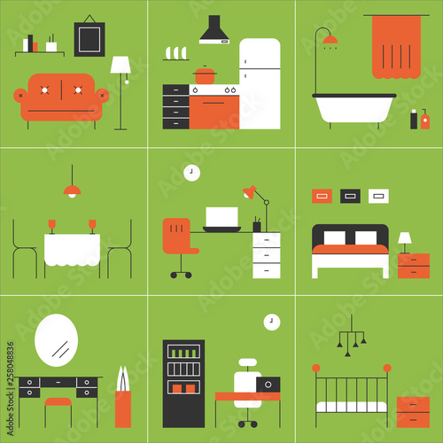 Room interior and furniture set. flat design style minimal vector illustration