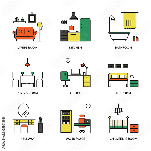 Room interior and furniture outline icon set. flat design style minimal vector illustration