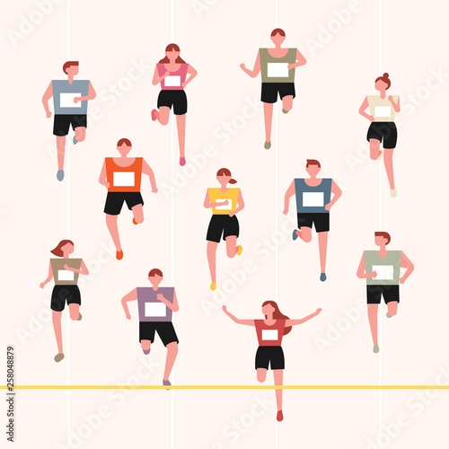 The marathoners of the finish line. flat design style minimal vector illustration