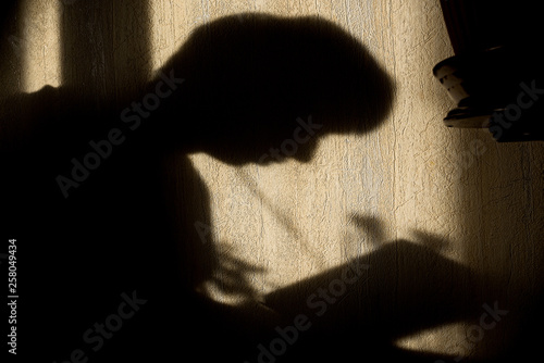silhouette of young boy with book on wall by the window