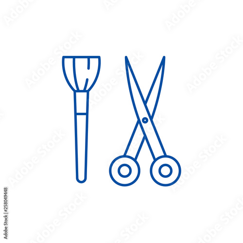Scissors and visagiste brush line concept icon. Scissors and visagiste brush flat  vector website sign, outline symbol, illustration.
