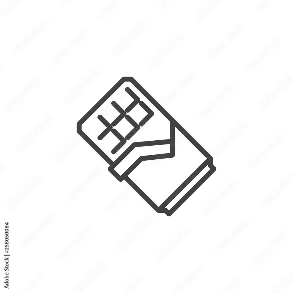 Chocolate bar line icon. linear style sign for mobile concept and web design. Chocolate bar with wrapped foil outline vector icon. Dessert, snack symbol, logo illustration. Pixel perfect vector Chocolate bar line icon. linear style sign for mobile concept and web design. Chocolate bar with wrapped foil outline vector icon. Dessert, snack symbol, logo illustration. Pixel perfect vector