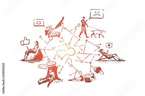 Social, smartphone, addiction, network, internet concept. Hand drawn isolated vector.