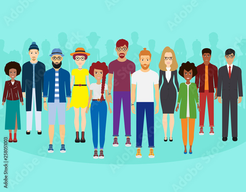 Multiethnic group of people standing together, community and togetherness concept. Vector illustration
