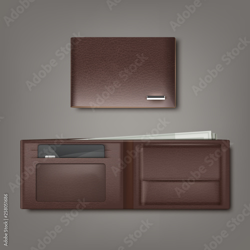 Vector brown natural leather wallet closed and open with money and credit card isolated on background