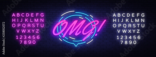 OMG Neon Text Vector. Comic lettering OMG neon sign, design template, modern trend design, night neon signboard, speech bubble, poster and sticker concept. Vector. Editing text neon sign