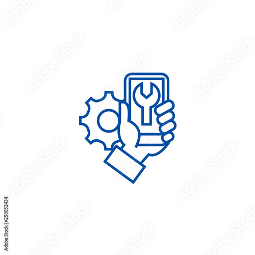 Smartphone repair line concept icon. Smartphone repair flat  vector website sign, outline symbol, illustration.