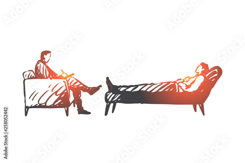 Person, psychologist, therapy, couch, stress concept. Hand drawn isolated vector.
