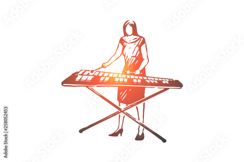 Vibraphone, music, woman, instrument, play concept. Hand drawn isolated vector.