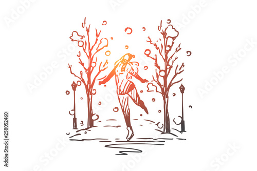 Winter, park, women, skating, ice, active concept. Hand drawn isolated vector.