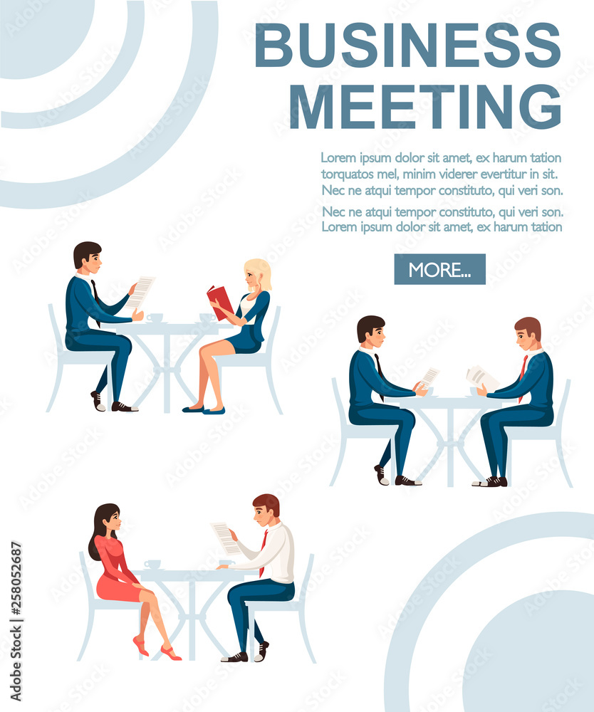 Business meeting concept. Man and women sit on wooden chair and talking. Flat vector illustration on white background. Business concept, place for text and button