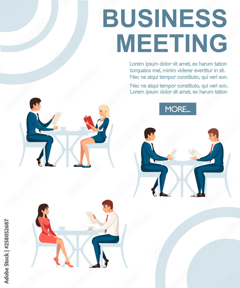 Business meeting concept. Man and women sit on wooden chair and talking. Flat vector illustration on white background. Business concept, place for text and button Business meeting concept. Man and women sit on wooden chair and talking. Flat vector illustration on white background. Business concept, place for text and button