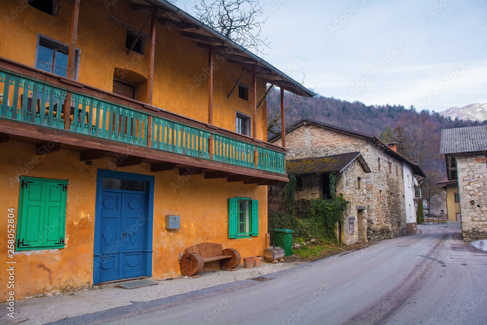Buildings in the village of Kamno, located between Tolmin and Kobarid in Littoral or Primorska region of north west Slovenia