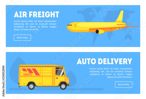 Air Freight, Auto Delivery Horizontal Banners Set, Commercial Shipping Transportation, Cargo Tracking Service Vector Illustration