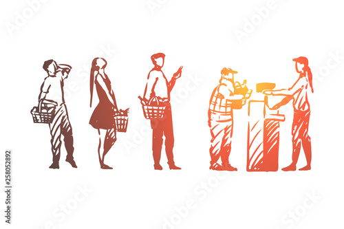 Shop, queue, people, customer, market concept. Hand drawn isolated vector.