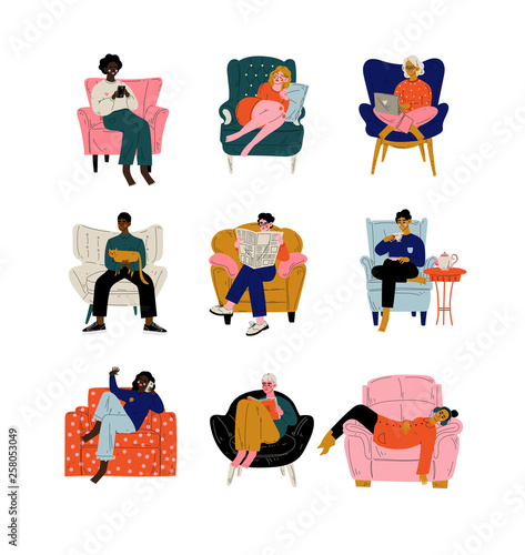 People Sitting at Home in Comfortable Armchair Set, Men and Women Resting, Drinking Tea or Coffee, Working on Laptop, Reading, Talking on Phone Vector Illustration