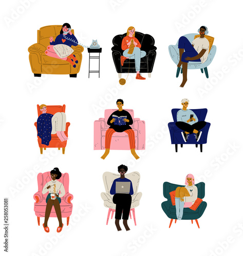 People Sitting at Home in Comfortable Armchair Set, Men and Women Resting, Eating, Working on Laptop, Knitting, Reading, Talking on Phone Vector Illustration