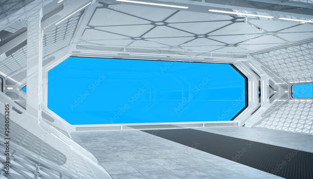 Fototapeta premium White blue spaceship futuristic interior mockup with window view 3d rendering