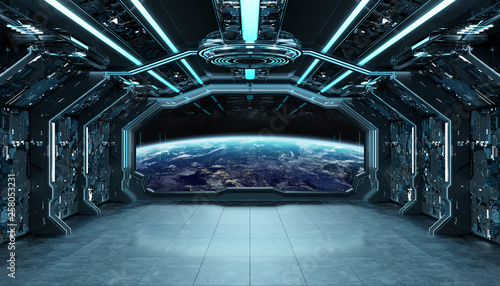 Fototapeta Naklejka Na Ścianę i Meble -  Dark blue spaceship futuristic interior with window view on planet Earth 3d rendering