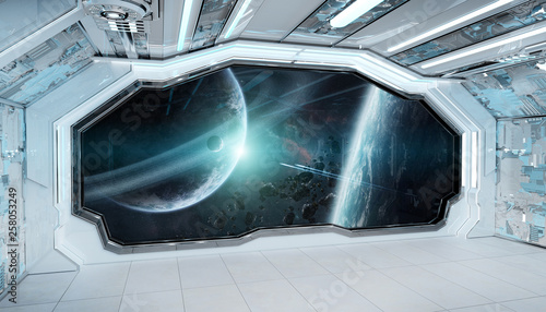 Fototapeta Naklejka Na Ścianę i Meble -  White blue spaceship futuristic interior with window view on space and planets 3d rendering