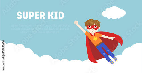 Super Kid Banner, Cute Boy in Superhero Costume and Mask Flying in Sky Vector Illustration