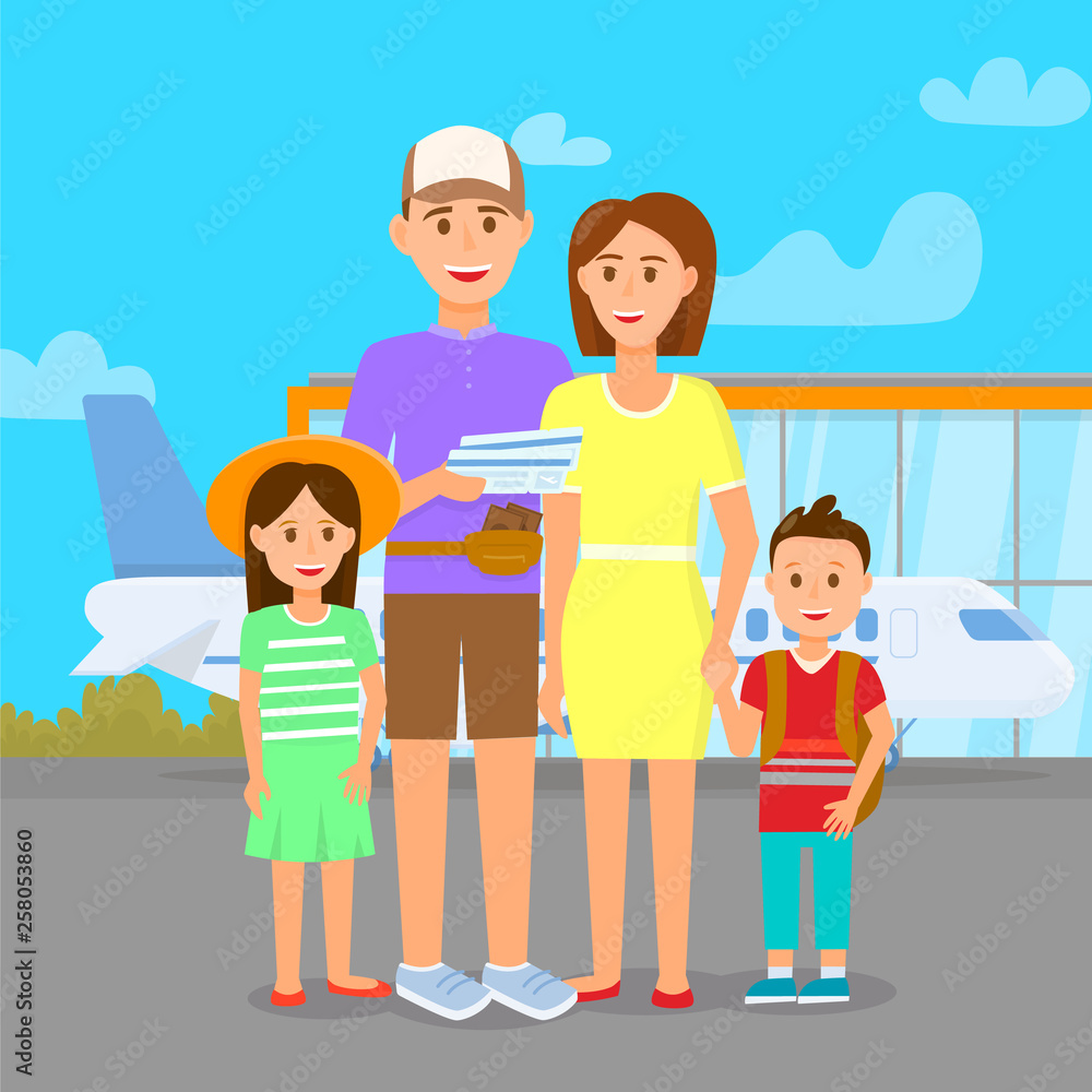 Family in Airport on Outdoor Area Background. Trip Family in Airport on Outdoor Area Background. Trip