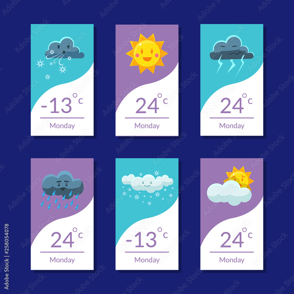 Weather Forecast Banners Set, Temperature, Cloudy, Precipitations Page Website Templates Vector Illustration