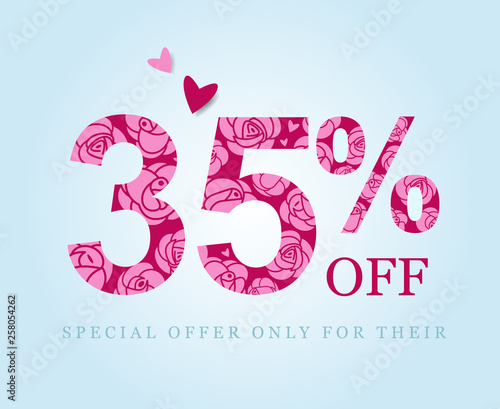 35 percent discount. sale symbol. Pink roses