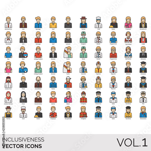 Inclusiveness icons including businessman, CEO, manager, staff, lecturer, secretary, rider, college student, director, surfer, arabian man, priest, grandfather, father, skater, woman, grandmother.