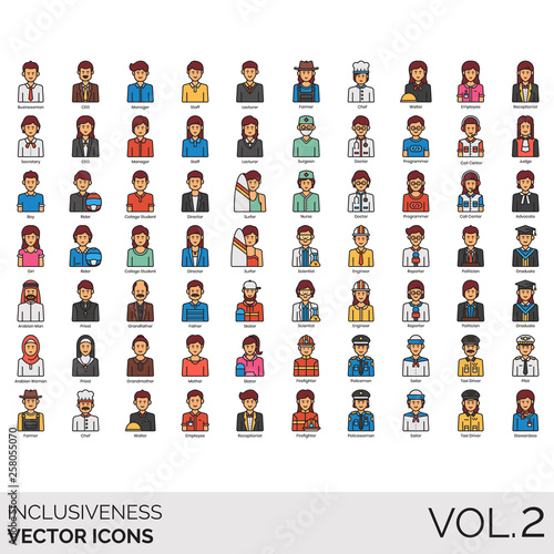 Inclusiveness icons including businessman, CEO, manager, staff, lecturer, secretary, rider, college student, director, surfer, arabian man, priest, grandfather, father, skater, woman, grandmother.