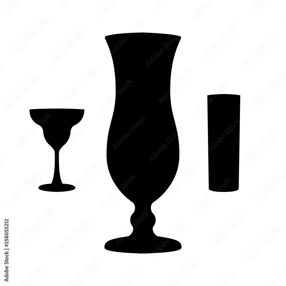 Glasses for cocktails. Three shapes, black silhouettes Glasses for cocktails. Three shapes, black silhouettes