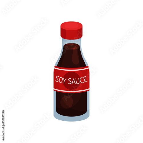 Soy sauce in bottle on white background.