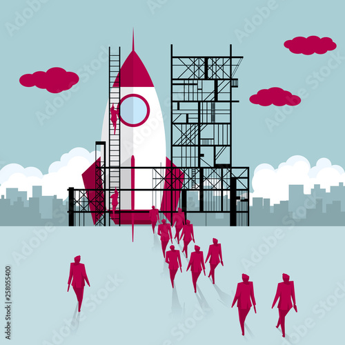 Building site, teamwork concept. A group of businessmen walked towards the rocket being built.