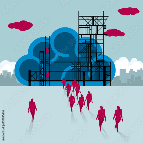 Building site, teamwork concept. A group of businessmen walked towards the brain symbol being built.