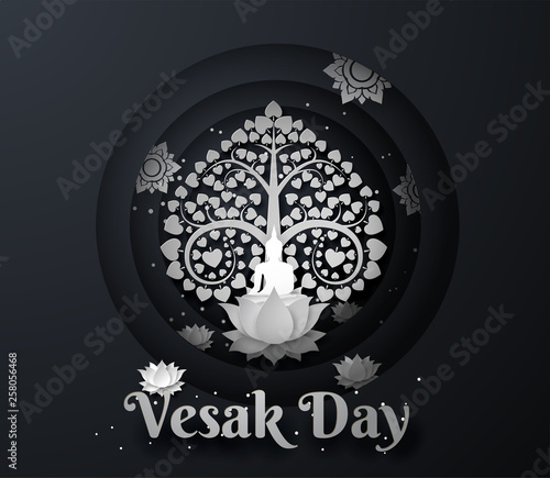white buddha on lotus with bodhi tree Happy vesak day background