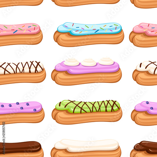 Seamless pattern. Sweet and yummy cream eclair dessert. Choux pastry filled with cream. Flat vector illustration on white background. Dessert set