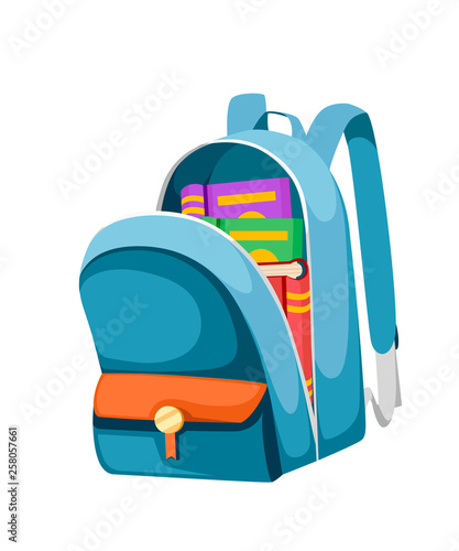 Colorful opened school bag with books. Backpack with zippers. Cartoon design. Flat vector illustration isolated on white background