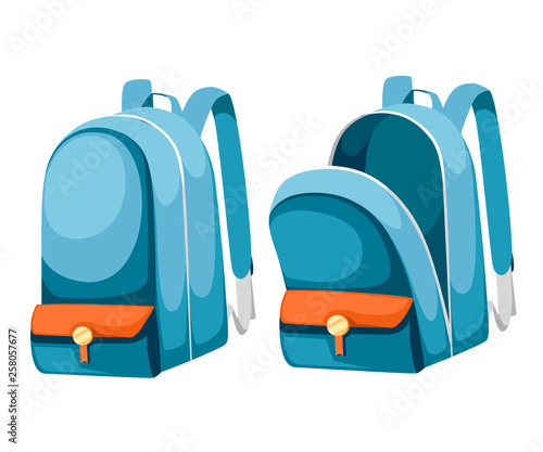 Colorful opened and closed school bags. Empty rucksack. Backpack with zippers. Cartoon design. Flat vector illustration isolated on white background