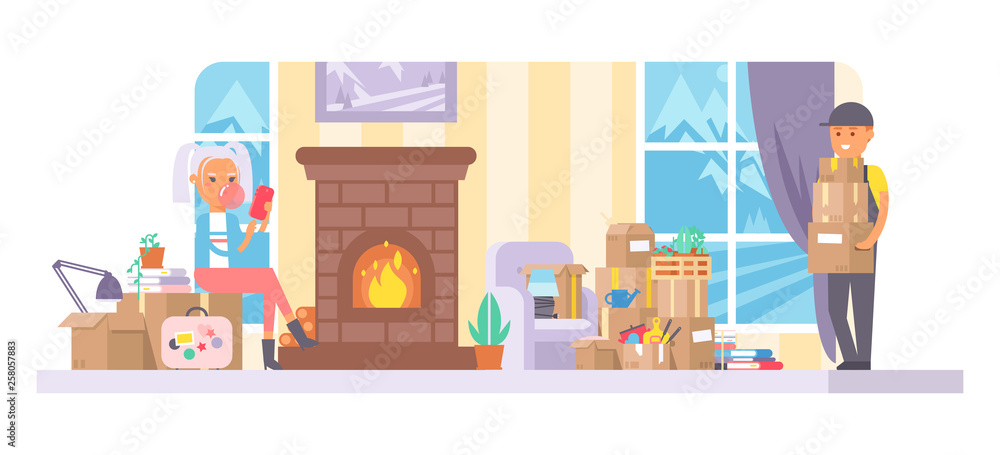 Courier vector postman character of delivery service delivering parcel box or package illustration backdrop deliveryman person moving furniture sofa to apartment home background