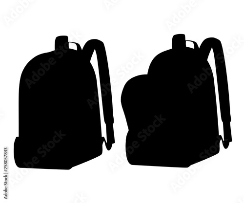 Black silhouette. Opened and closed school bags. Empty rucksack. Backpack with zippers. Cartoon design. Flat vector illustration isolated on white background