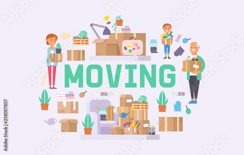 Moving vector family woman man kids character of delivery service delivering parcel box or package illustration backdrop deliveryman person removing furniture boxes at home background